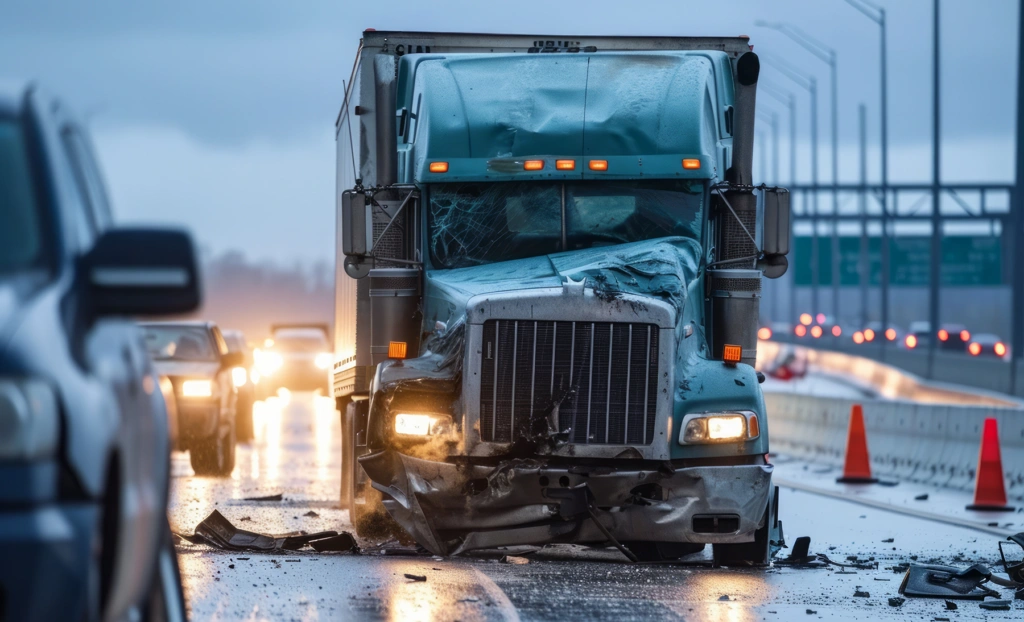 Damaged semi-truck after highway accident